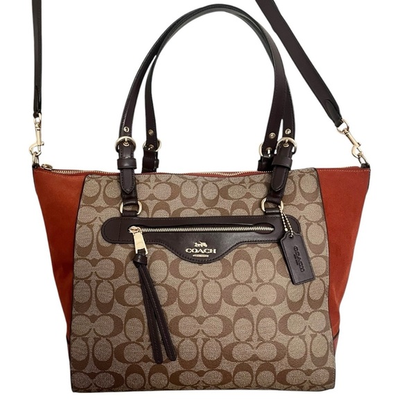 Coach Kleo Orange Suede Signature Canvas Logo Brown Zipper Tote Carryall Bag - Picture 2 of 13